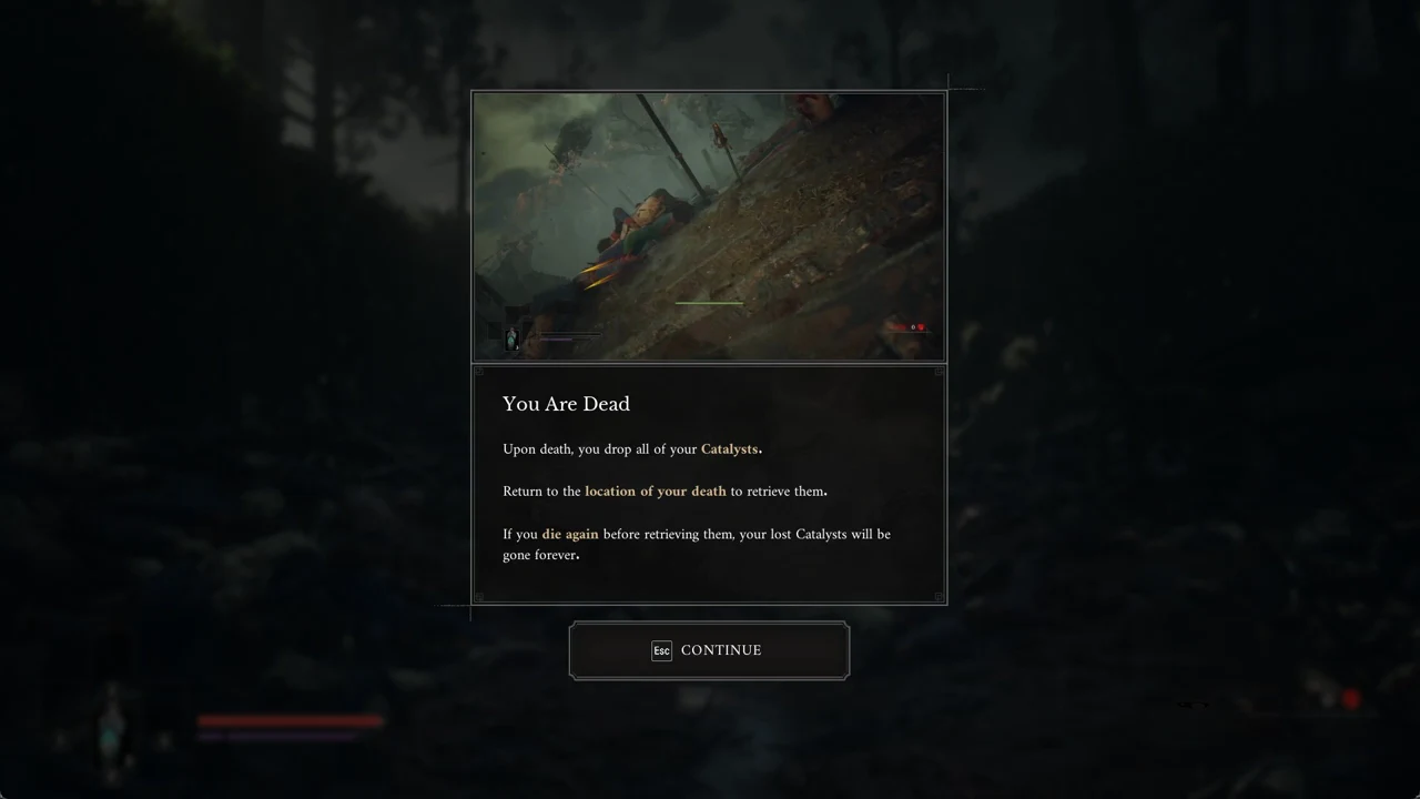 The You Are Dead panel explaining dropped Catalysts with a Continue prompt