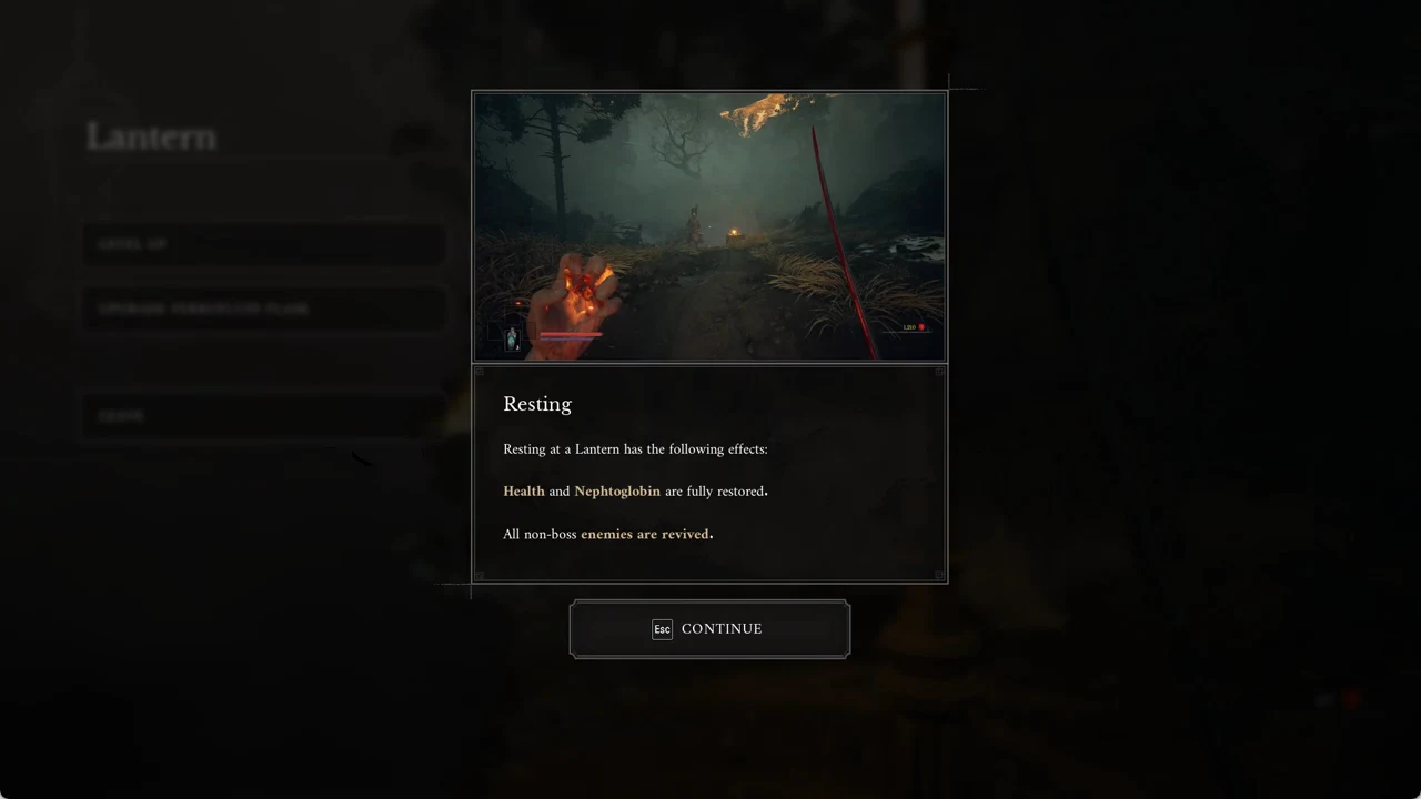 Resting tutorial card open over the Lantern menu listing its restore effects