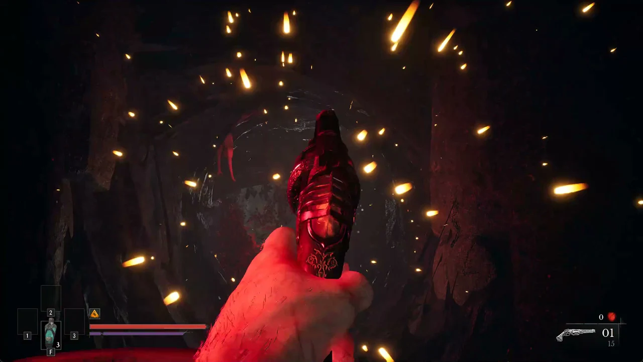 First-person view raising the ornate firearm in a dark tunnel with 1/15 ammo on the HUD