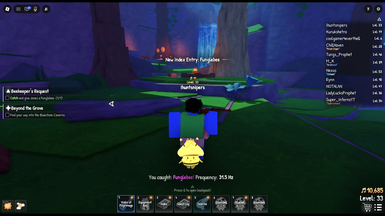 Funglebee catch confirmation at 31.5 Hz with a New Index Entry notice in Songkeeper's Grove