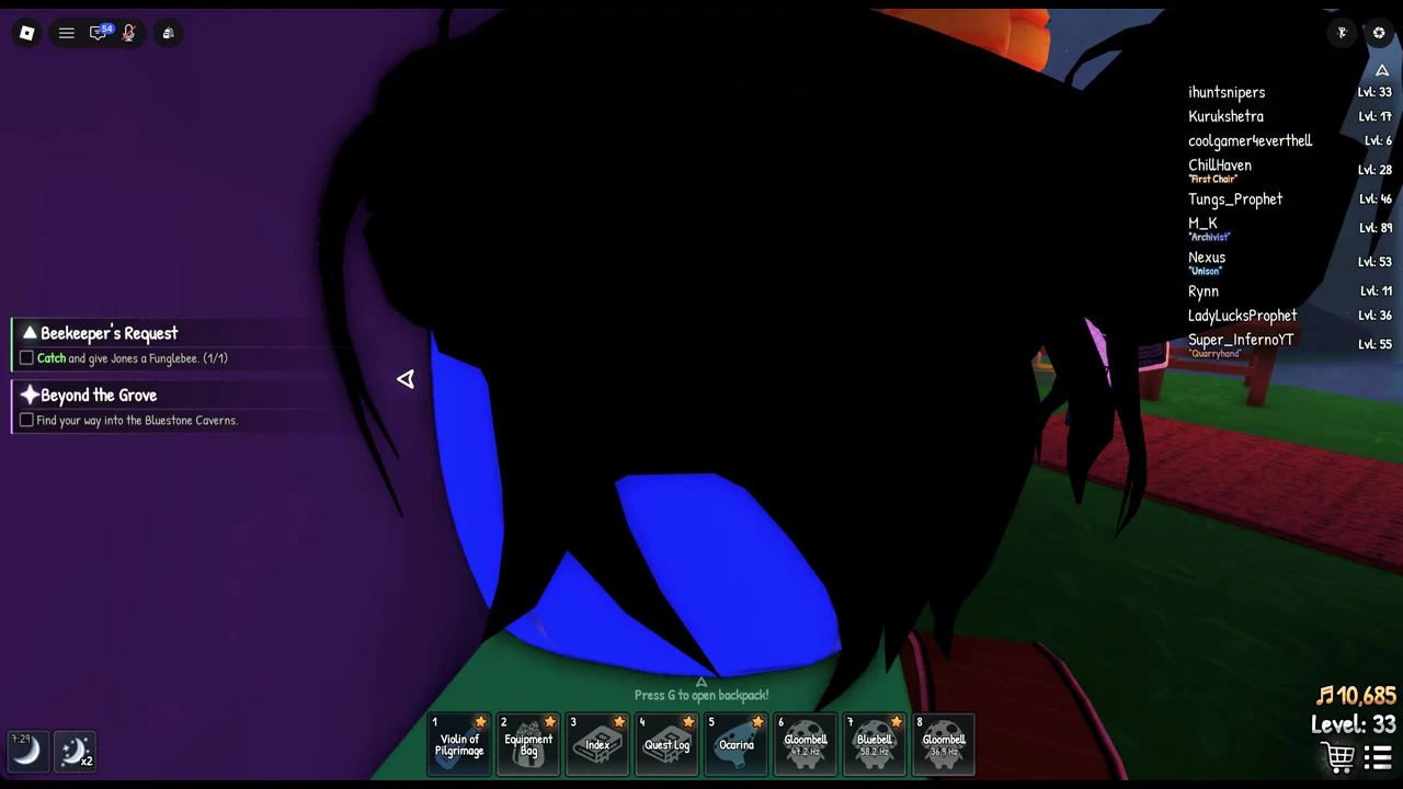 The Pale Moon x2 weather icon at the bottom left of the SCROOMS screen near Jones the beekeeper