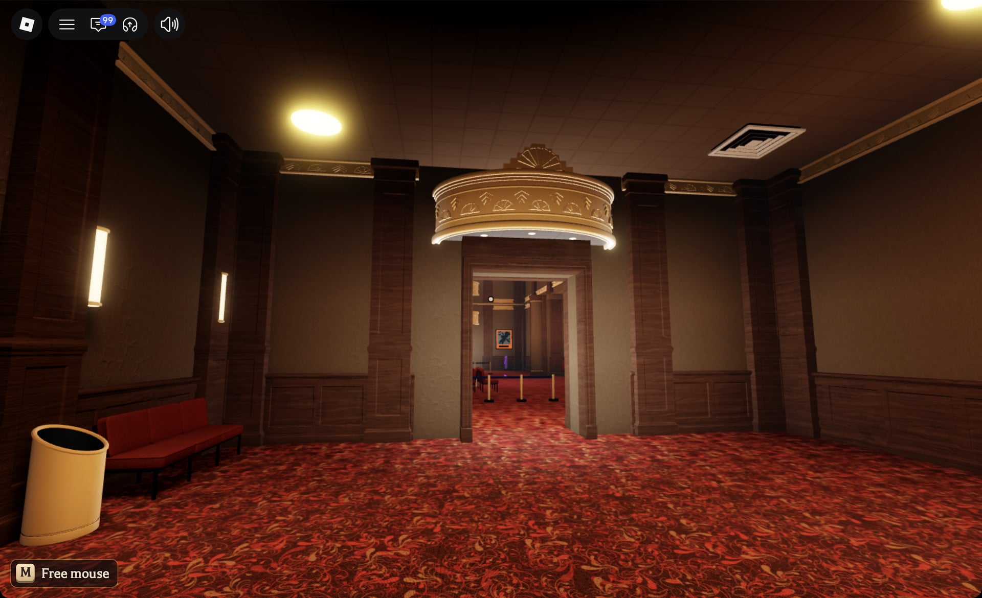 Doorway under a gold canopy at the far end of the Floor 1 balcony hall, with a faint purple glow in the room beyond