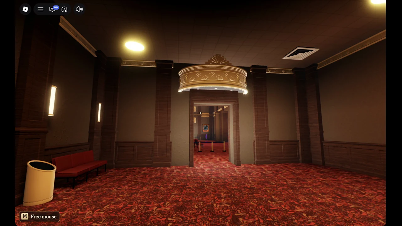 Doorway under a gold canopy at the far end of the Floor 1 balcony hall, with a faint purple glow in the room beyond