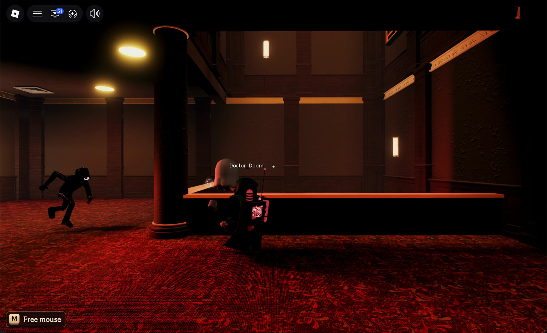 The black one-eyed entity running after another player past a counter on Floor 1, the screen tinted red