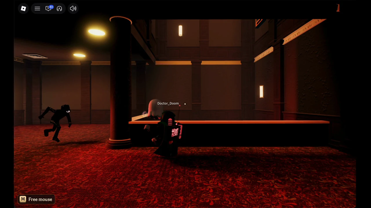 The black one-eyed entity running after another player past a counter on Floor 1, the screen tinted red