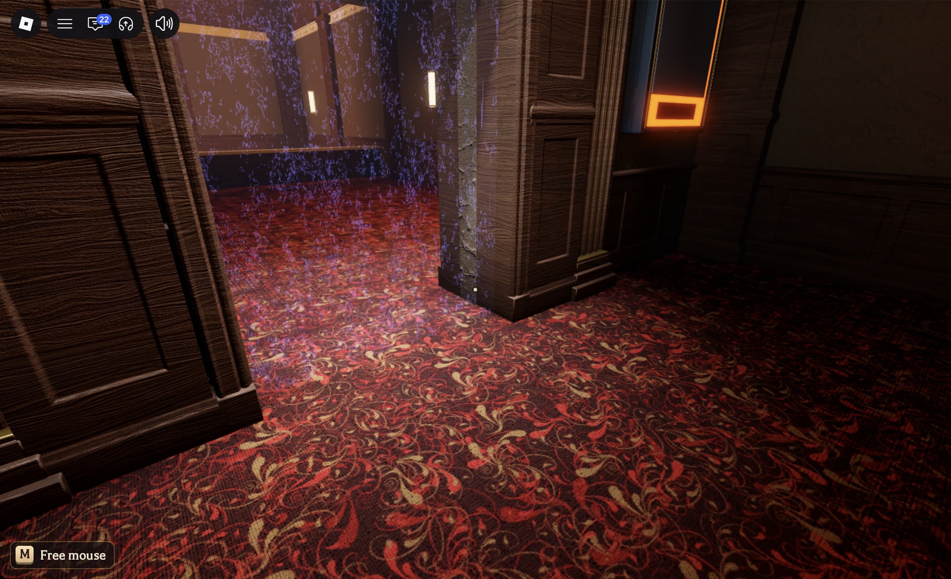 First-person view facing a doorway shimmering with purple sparkles, the maze entrance on Floor 1