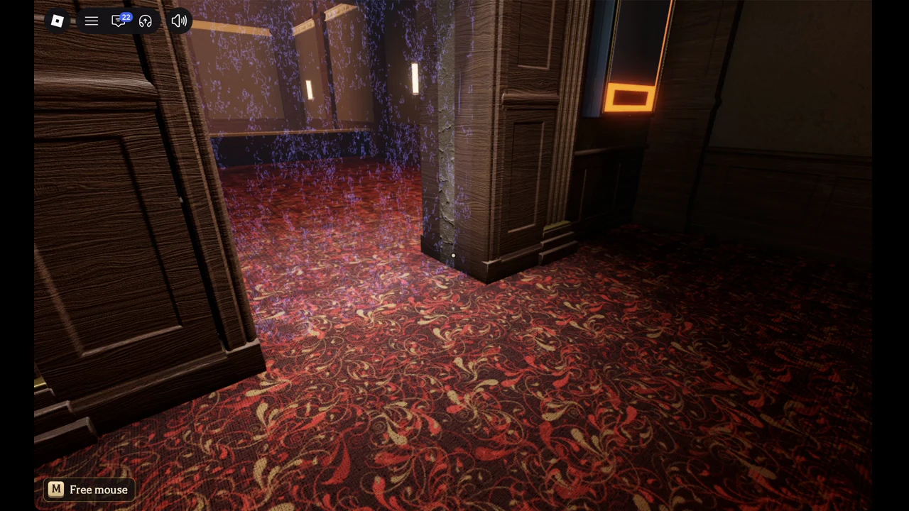 First-person view facing a doorway shimmering with purple sparkles, the maze entrance on Floor 1
