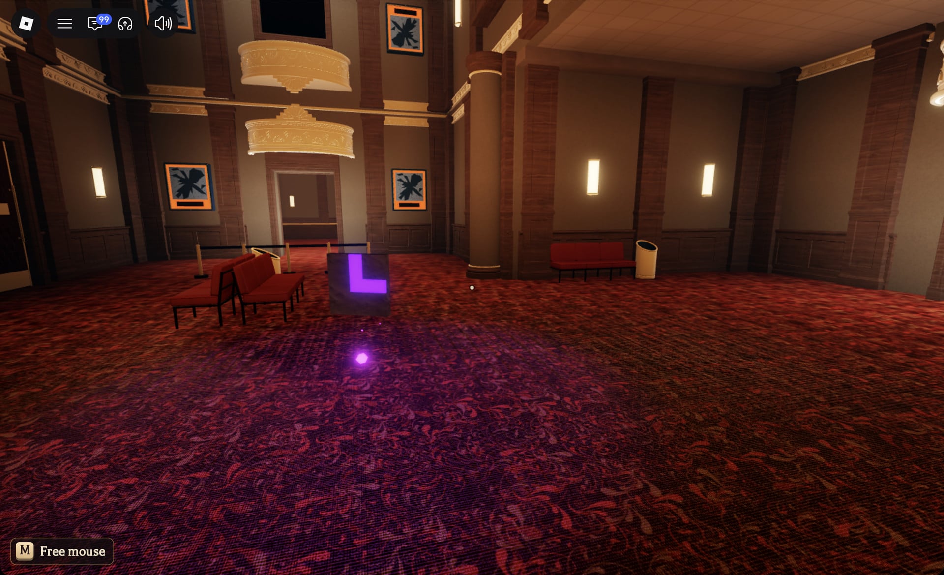 The dark puzzle tile with a glowing purple L shape standing above a purple orb in a Floor 1 hall