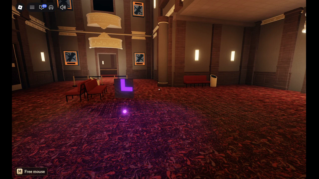 The dark puzzle tile with a glowing purple L shape standing above a purple orb in a Floor 1 hall