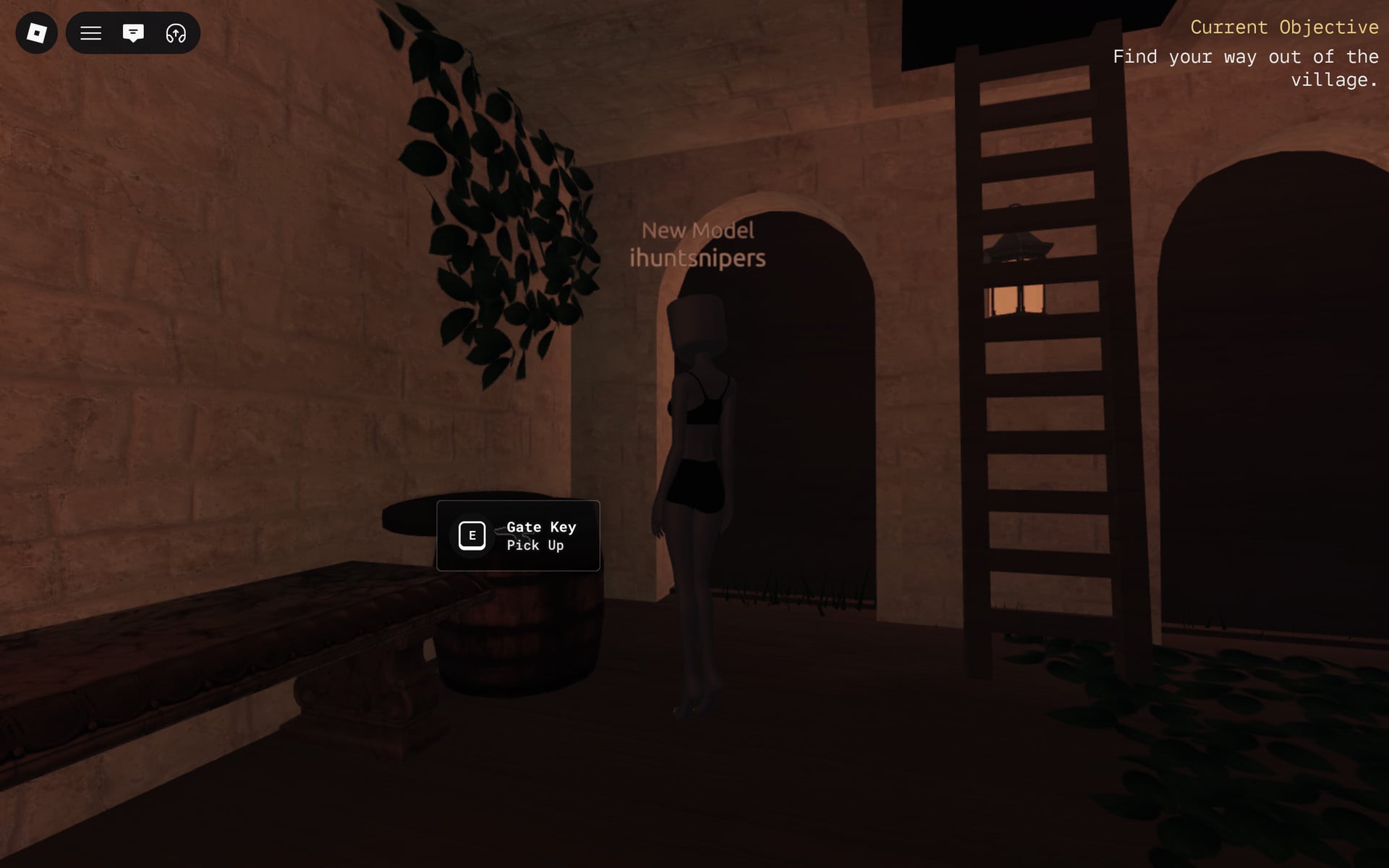 Gate Key Pick Up prompt on the wooden barrel next to the stone bench and ladder