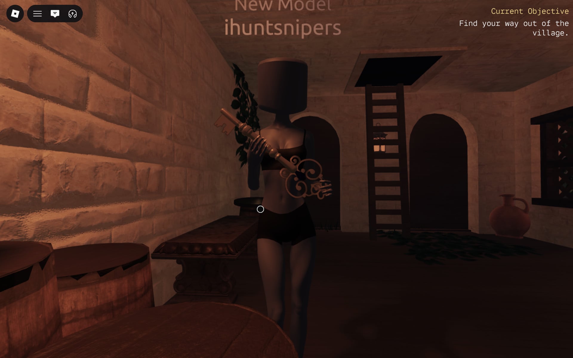 Avatar holding the large ornate gold Gate Key with the ladder and ceiling hatch behind