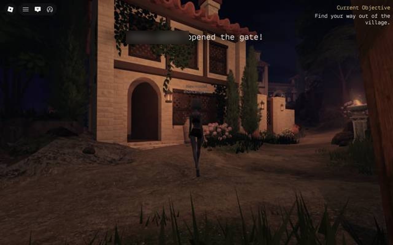 Night village street with a blurred player name followed by opened the gate! at the top of the screen