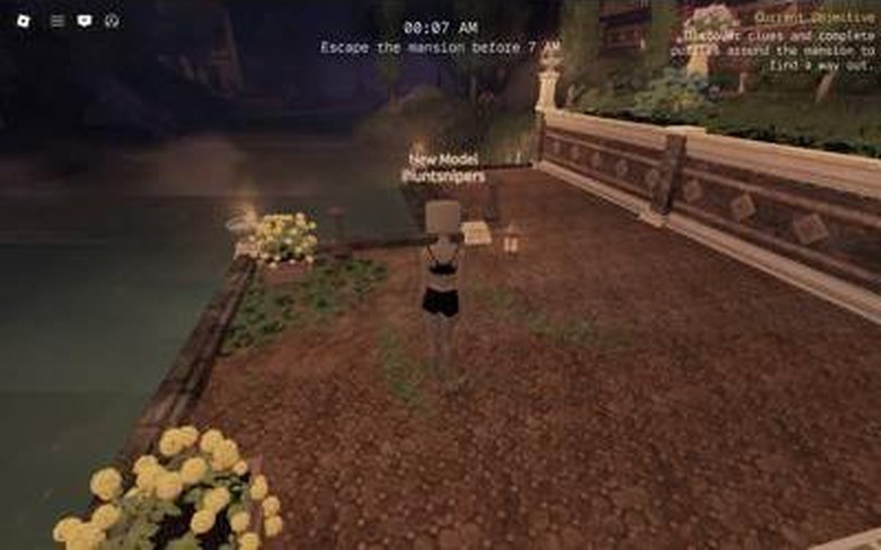 Mansion grounds by the water with the Escape the mansion before 7 AM objective on screen