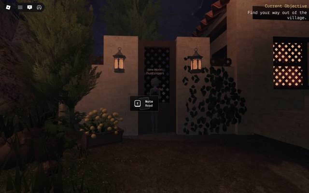 Player approaching the pinned note with the Note Read prompt and the village escape objective active