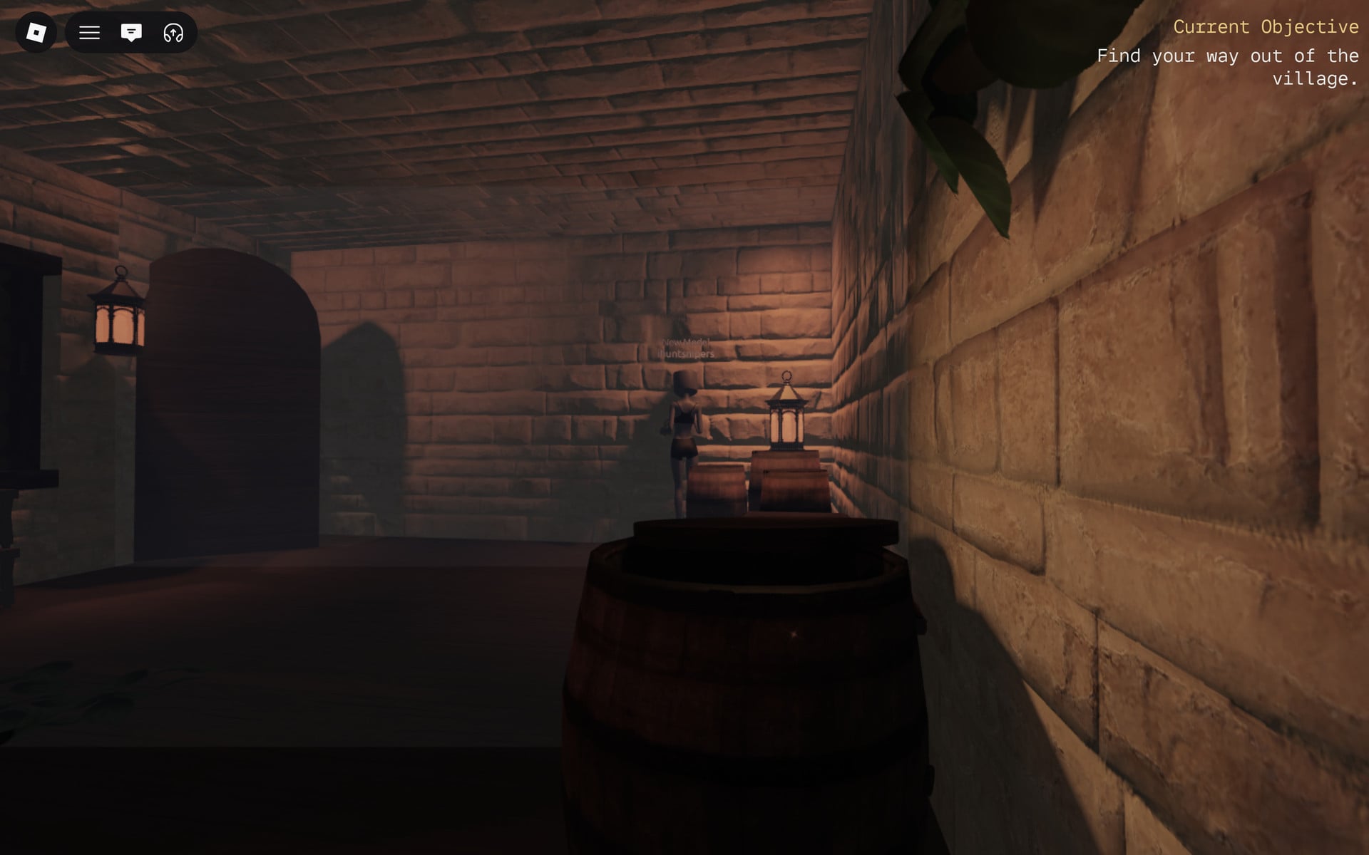 Dim stone passage with barrels and a lantern leading into the room where the key sits