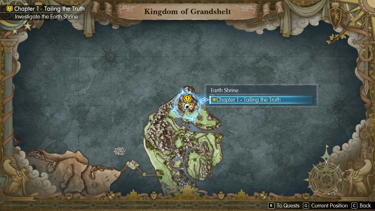 Kingdom of Grandshelt world map with a Chapter 1 quest selected at Earth Shrine