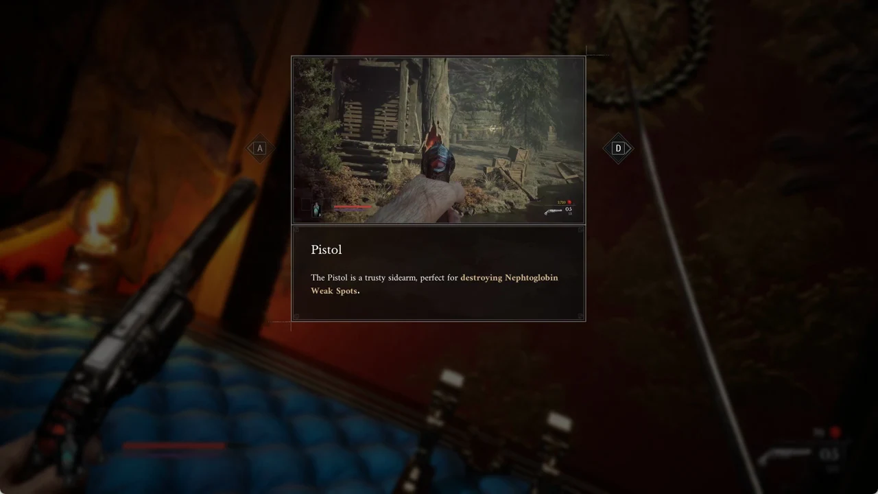 The Pistol tutorial card explaining the sidearm destroys Nephtoglobin Weak Spots