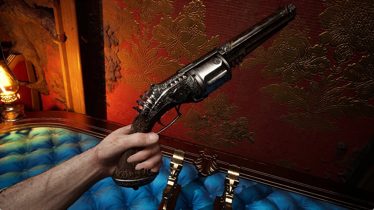 First-person view of William holding the ornate engraved revolver and inspecting its barrel