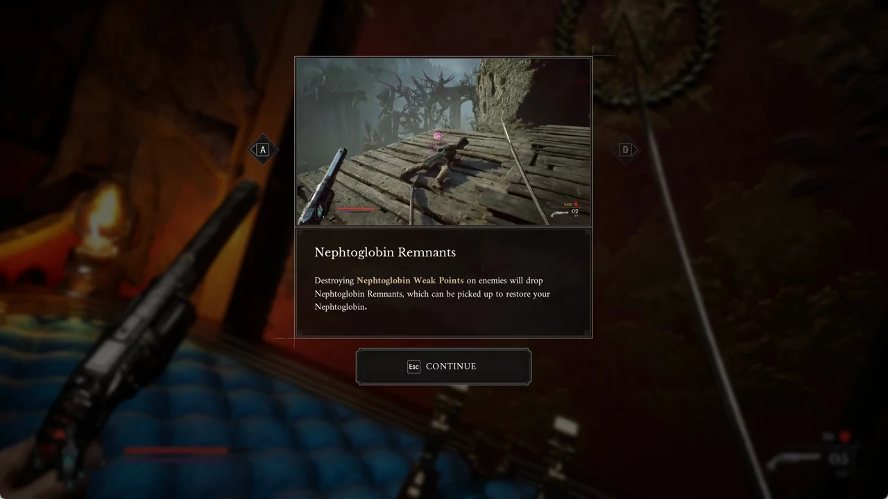 The Nephtoglobin Remnants tutorial card with the CONTINUE button ready to dismiss it