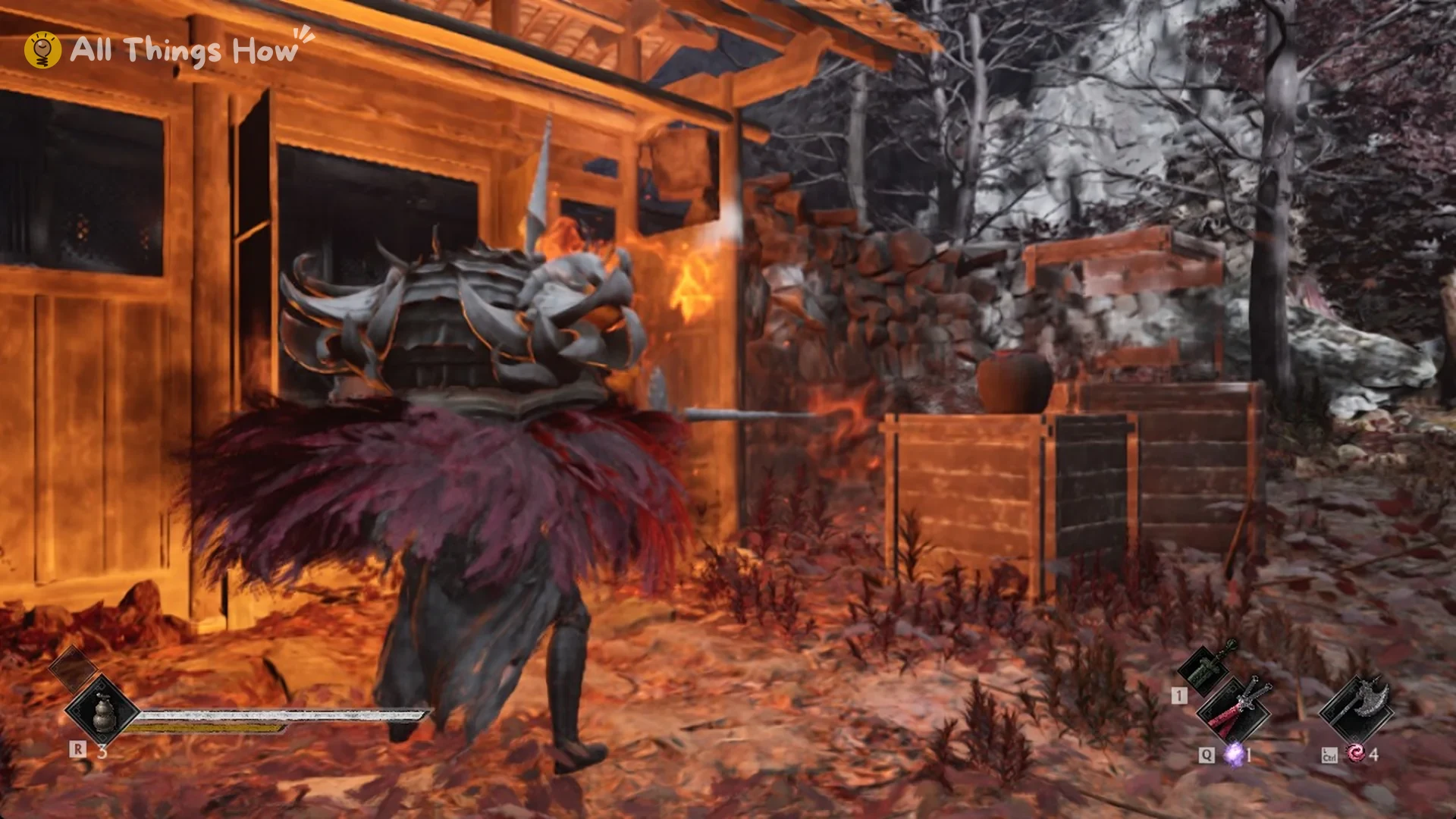 Soul holding the Flaming Mane lion head as fire spreads over the thorny vine at the Red Serpent House, Phantom Blade Zero