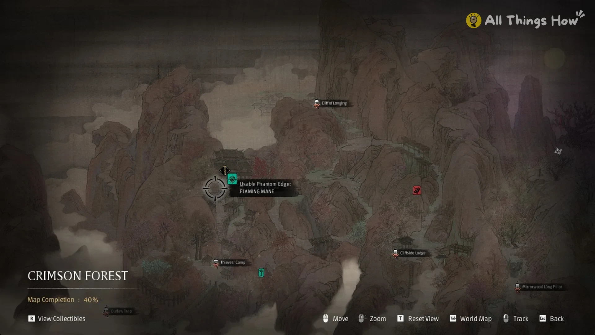 Crimson Forest area map with the green Flaming Mane marker beside the Red Serpent House, Phantom Blade Zero