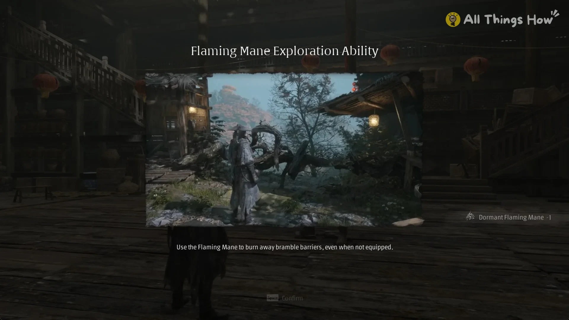 Flaming Mane Exploration Ability tutorial card about burning bramble barriers, Phantom Blade Zero