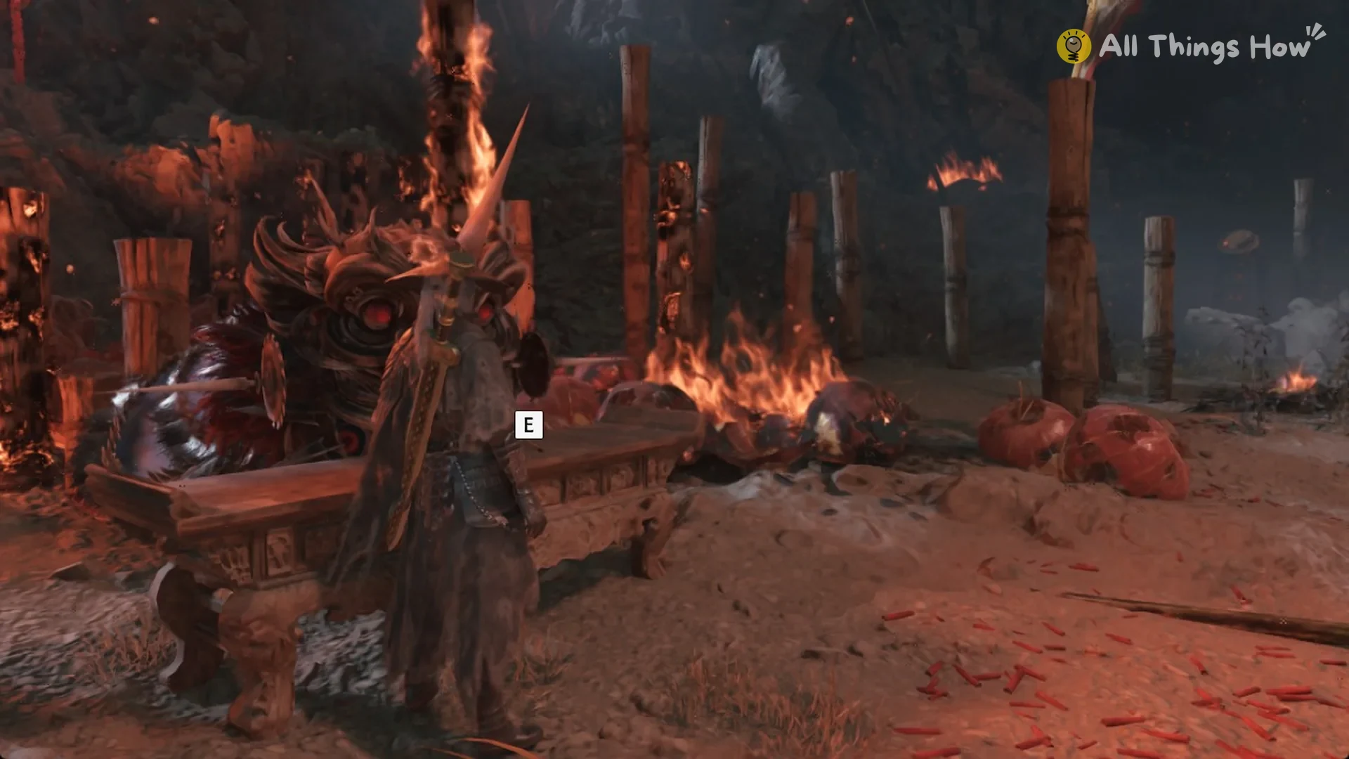 Soul at the altar table with the lion head and the E prompt that starts the Lion Dance Grandmaster fight in the Lion Dance Hall Depths, Phantom Blade Zero