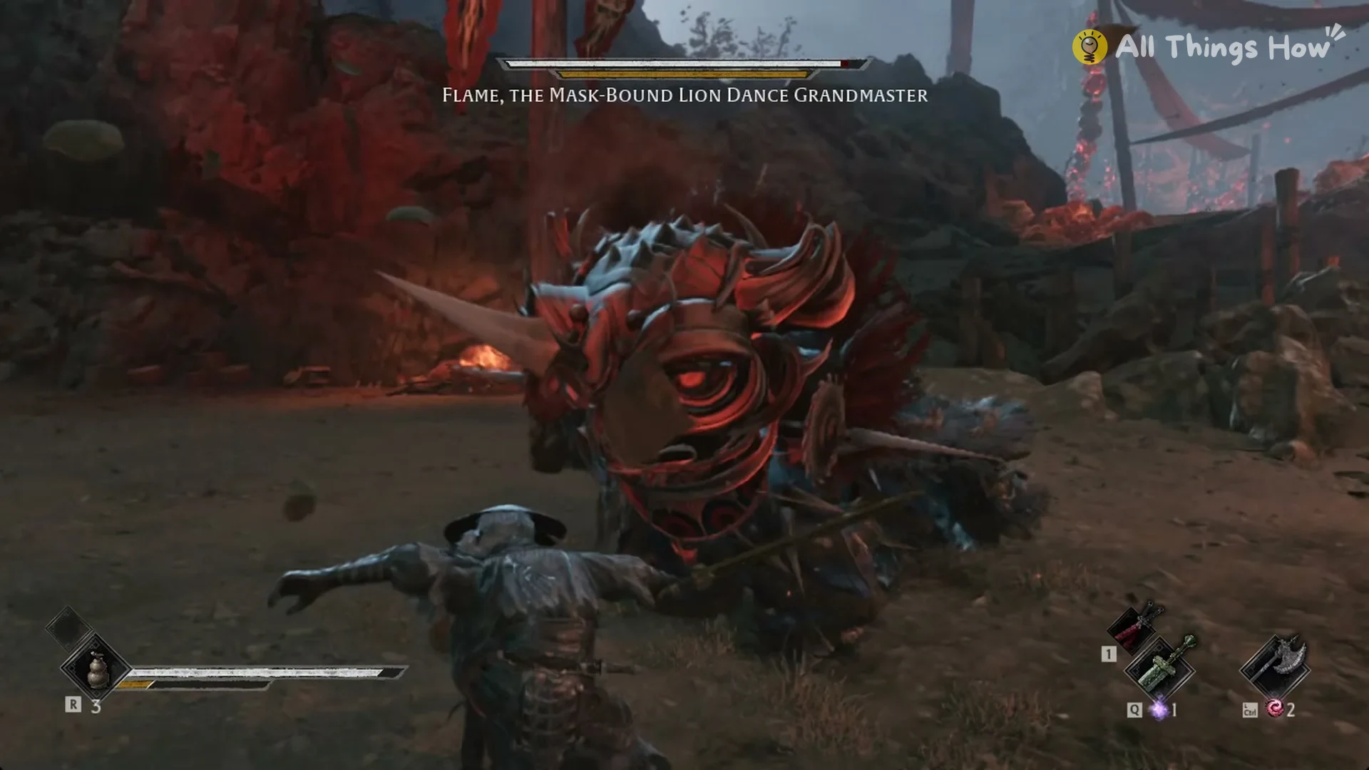 Flame, the Mask-Bound Lion Dance Grandmaster lunging at Soul with the spiked lion head in the Lion Dance Hall Depths, Phantom Blade Zero