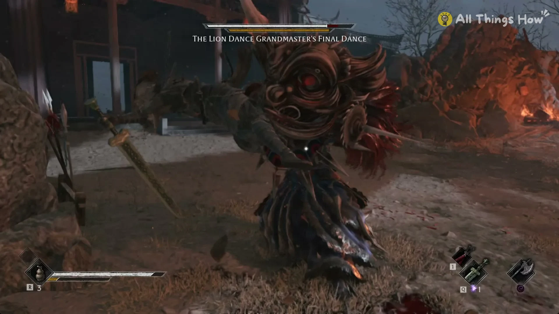 Flame on foot with the spiked lion head in The Lion Dance Grandmaster's Final Dance in the Lion Dance Hall Depths, Phantom Blade Zero