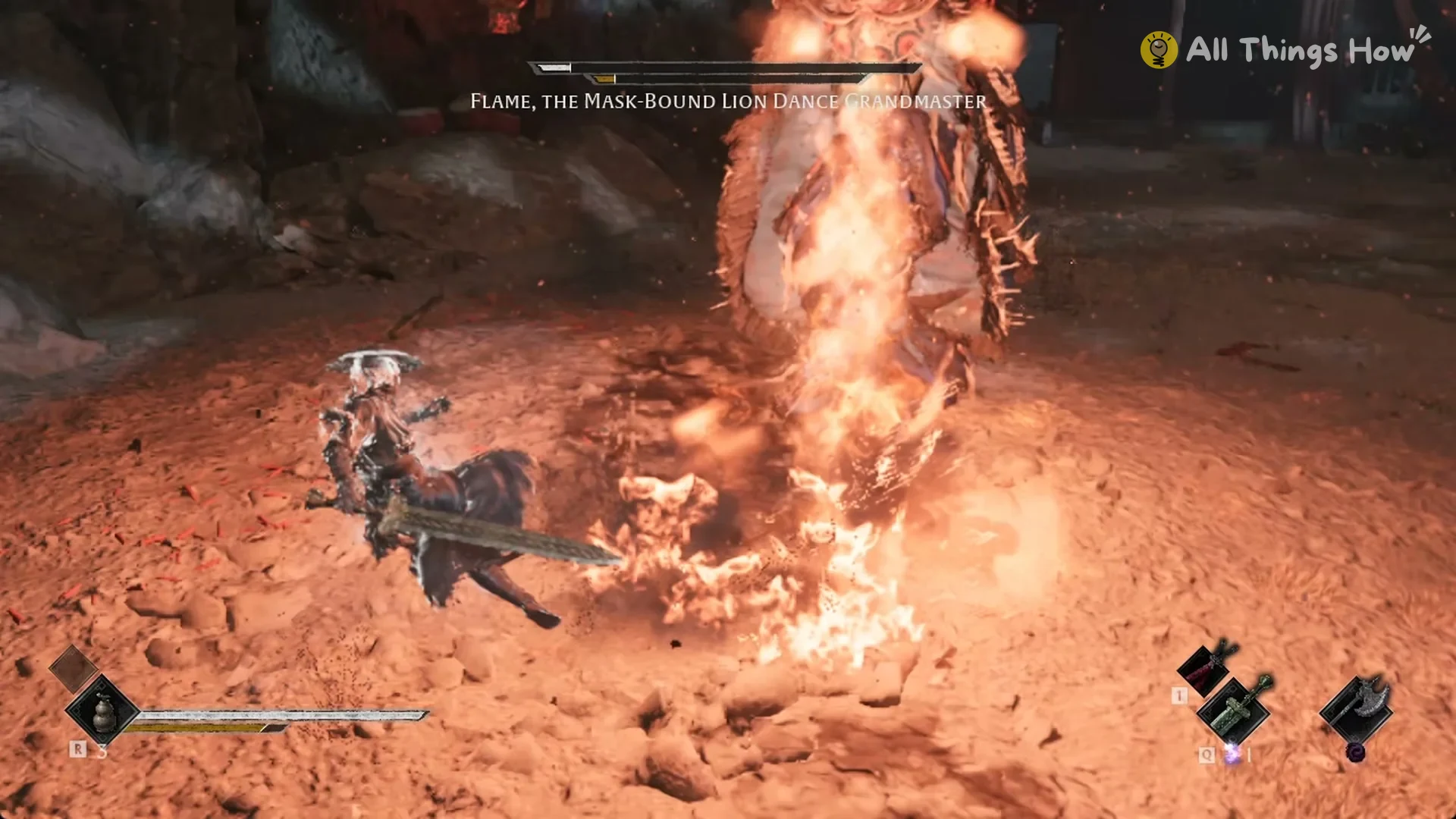 A column of fire erupting beside Soul during the Lion Dance Grandmaster fight in the Lion Dance Hall Depths, Phantom Blade Zero