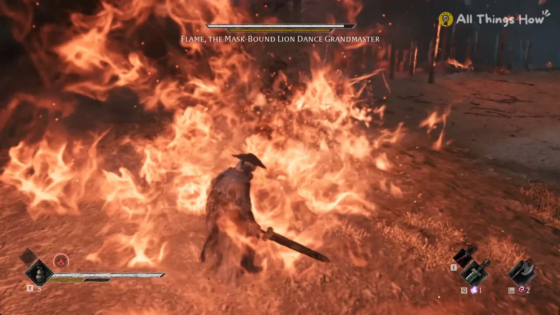 The Lion Dance Grandmaster pouring a stream of fire over Soul in the Lion Dance Hall Depths, Phantom Blade Zero