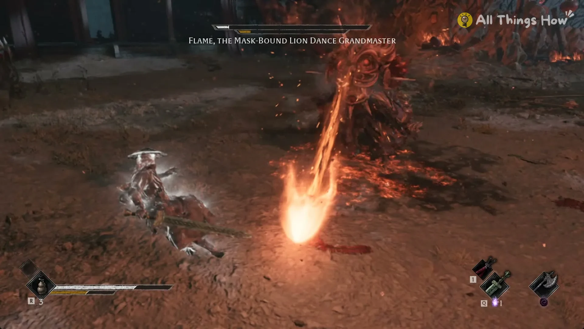 A fireball spat by the Lion Dance Grandmaster bursting next to Soul in the Lion Dance Hall Depths, Phantom Blade Zero