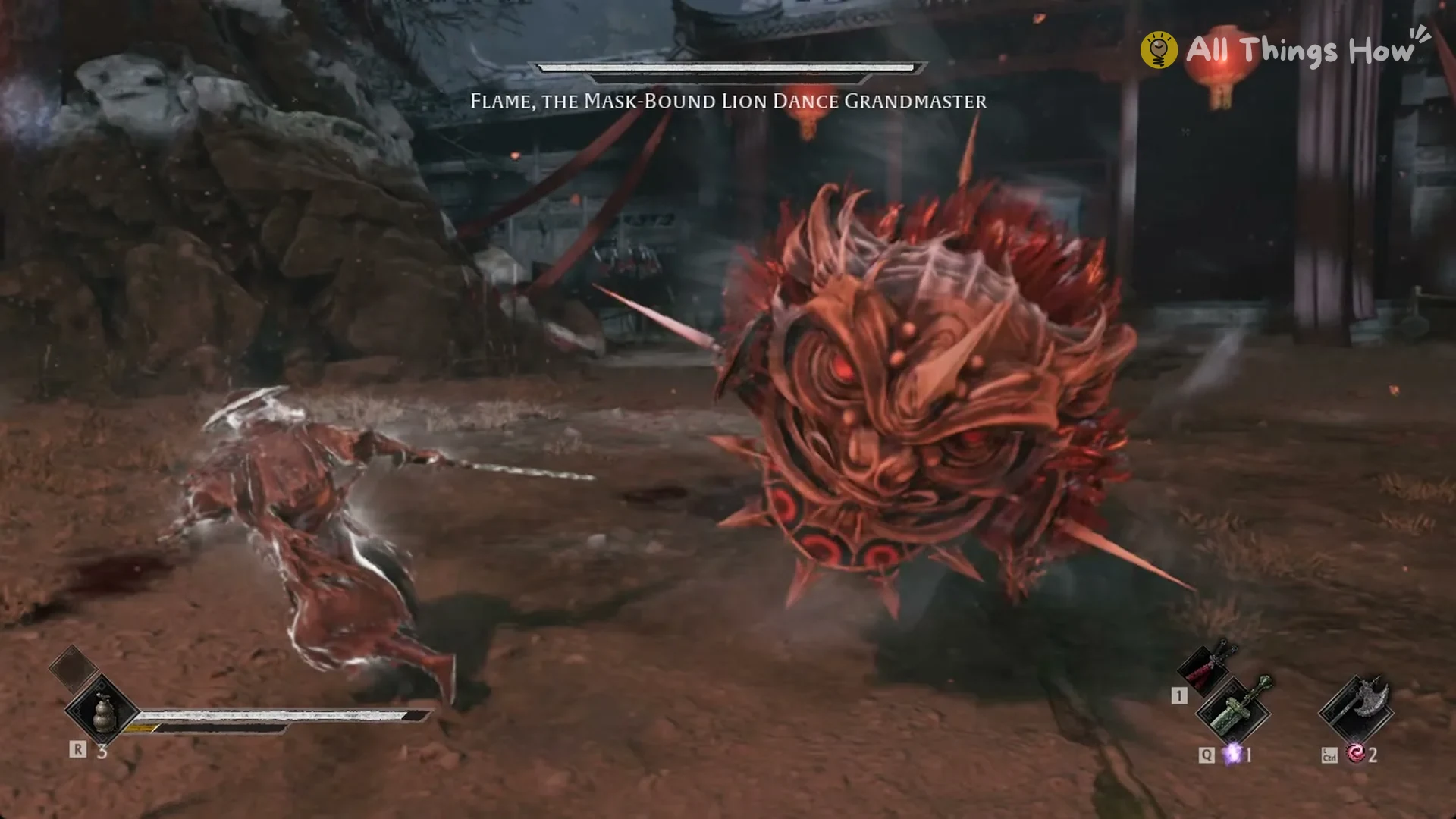 Flame, the Mask-Bound Lion Dance Grandmaster in his spiked lion costume facing Soul in the Lion Dance Hall Depths, Phantom Blade Zero