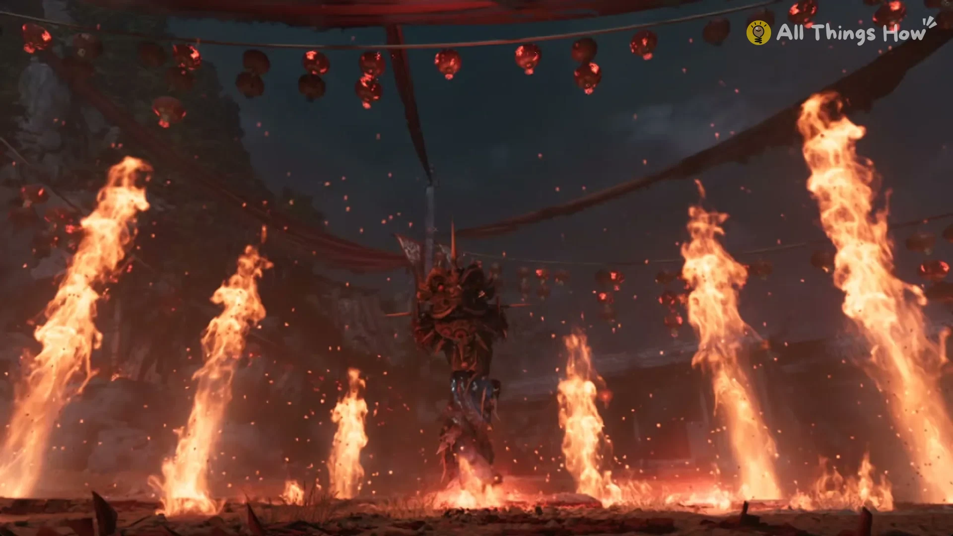 Pillars of fire around Flame at the start of The Lion Dance Grandmaster's Final Dance in the Lion Dance Hall Depths, Phantom Blade Zero