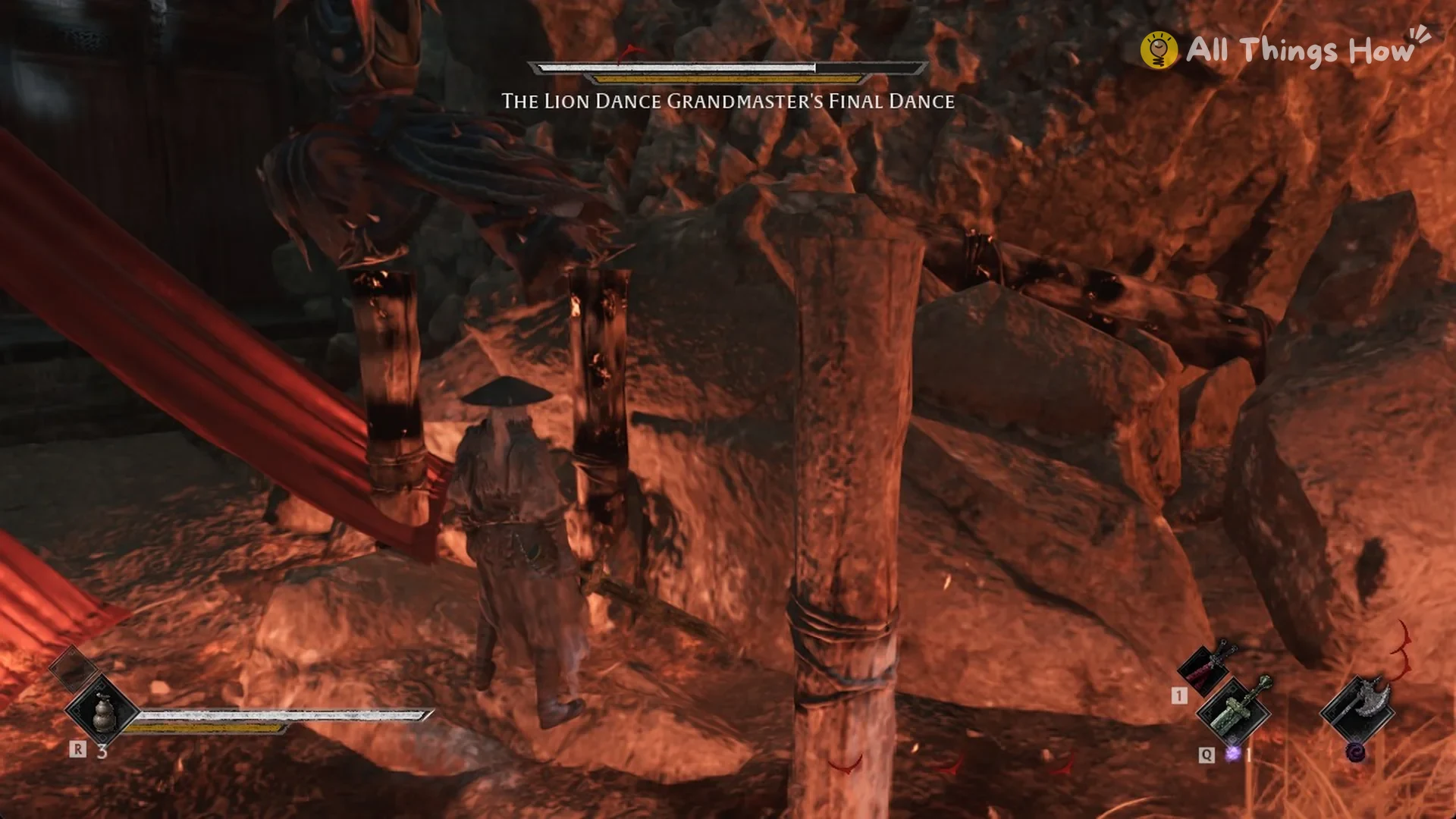 Flame standing on top of the burning poles above Soul during The Lion Dance Grandmaster's Final Dance, Phantom Blade Zero