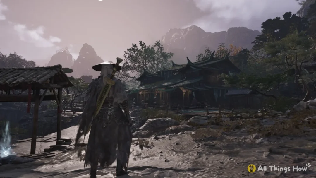 Soul looking at the Green Serpent House with its green tiled roofs on the Pangzhen backstreet in Phantom Blade Zero