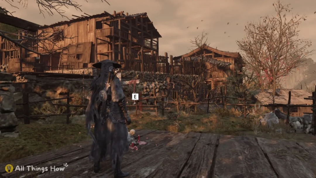 Soul on a plank deck facing wooden village houses beside the Smuggler's Treasure Cellar bell in the Village of Lu, Phantom Blade Zero