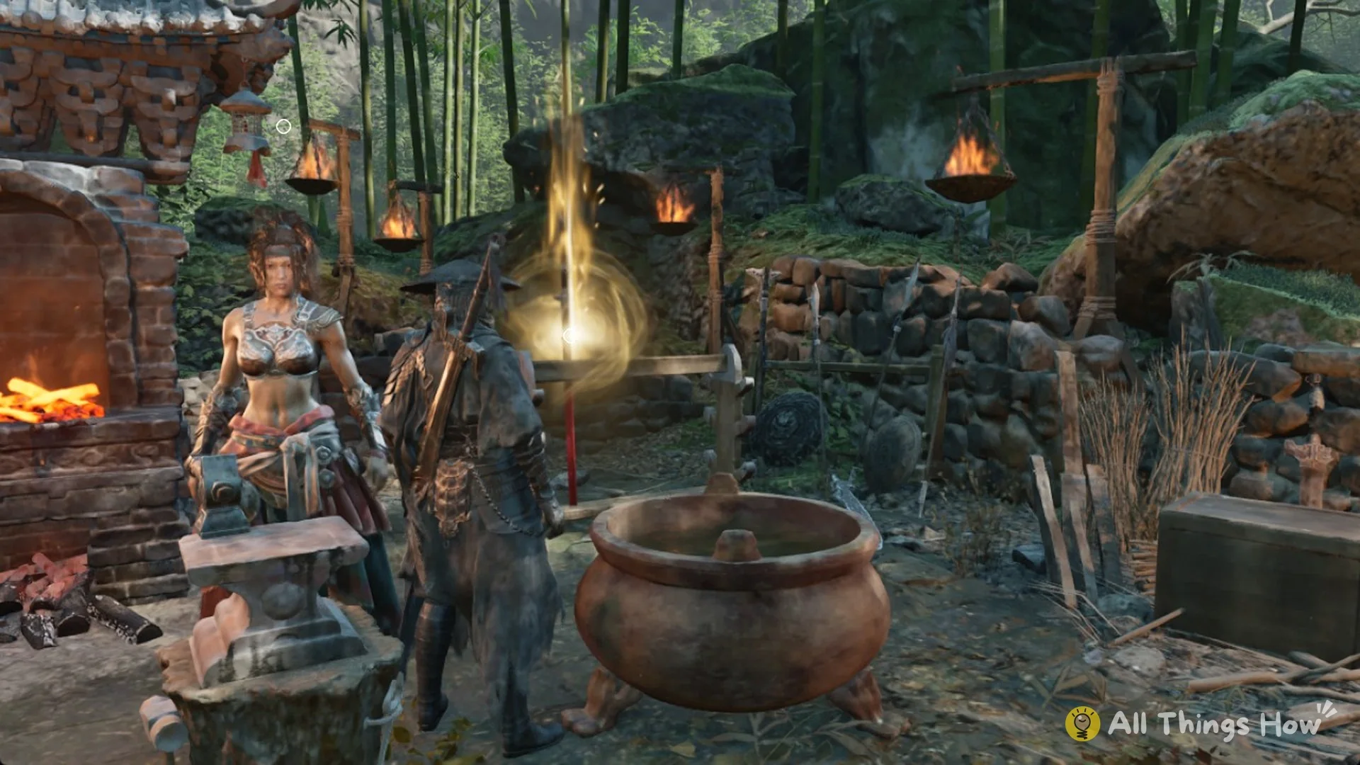 Soul at the Outpost forge camp with the furnace, braziers and a cauldron in Weeping Creek Valley, Phantom Blade Zero