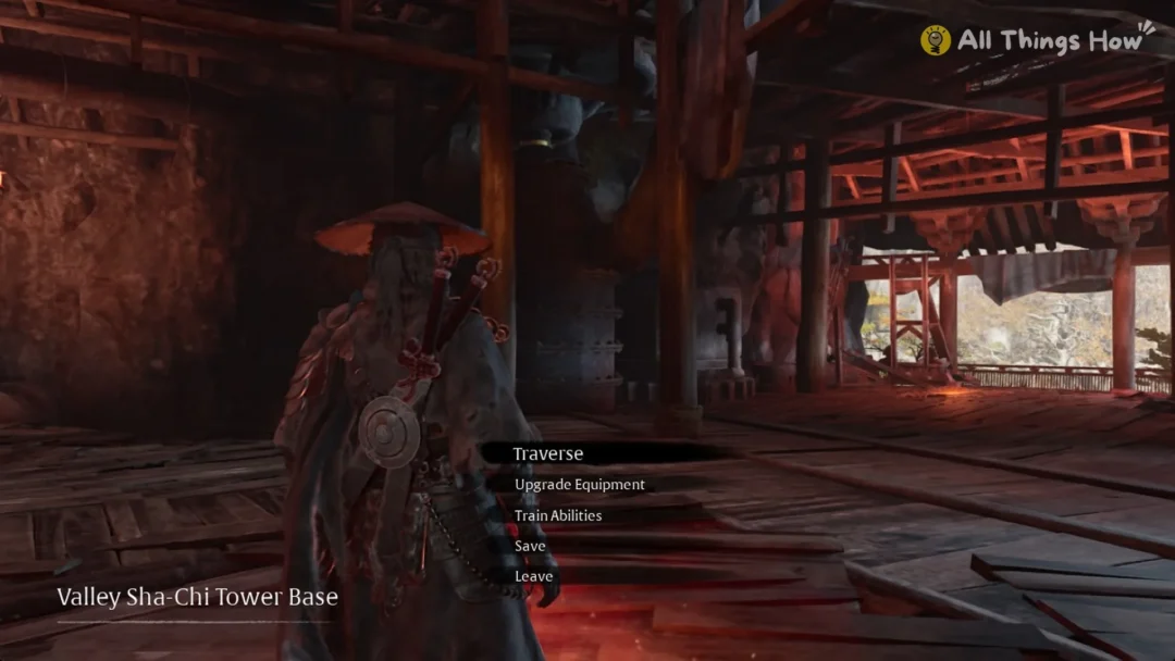 Soul at the Valley Sha-Chi Tower Base bell with the Traverse, Upgrade Equipment, Train Abilities, Save and Leave menu open, Phantom Blade Zero