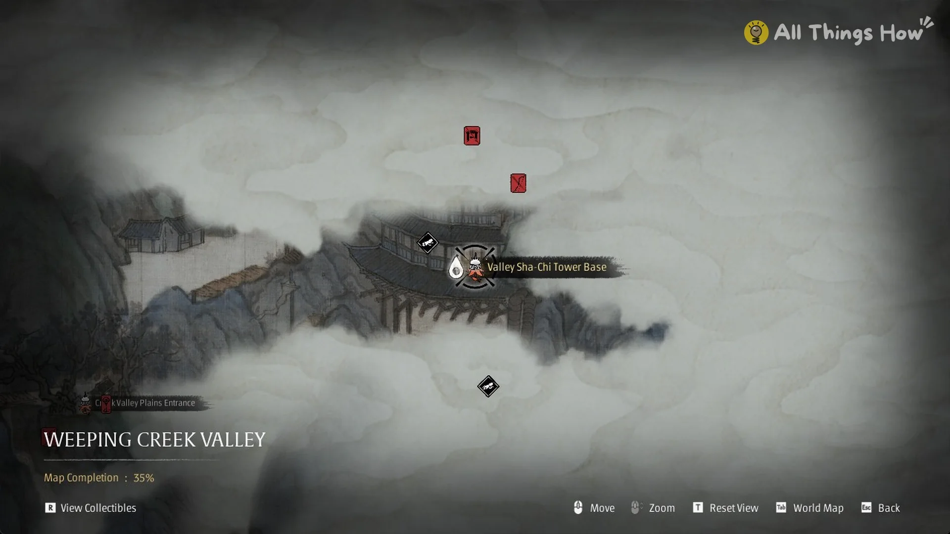 Weeping Creek Valley map with the Valley Sha-Chi Tower Base bell labelled, Phantom Blade Zero