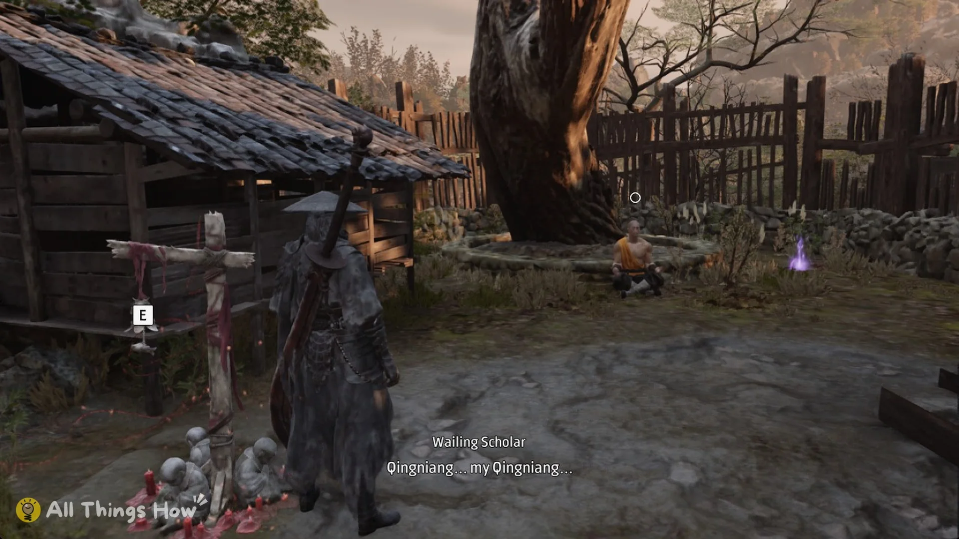 Soul beside the bell post with red candles and stone child statues at the Survivors' Courtyard bell under a big old tree in the Village of Lu, Phantom Blade Zero