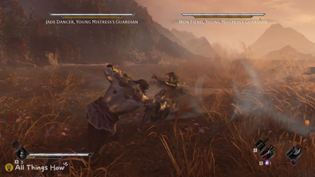 Iron Fiend grappling Soul in the Lakeside grass with the health bars of Jade Dancer and Iron Fiend, Young Mistress's Guardian, Phantom Blade Zero