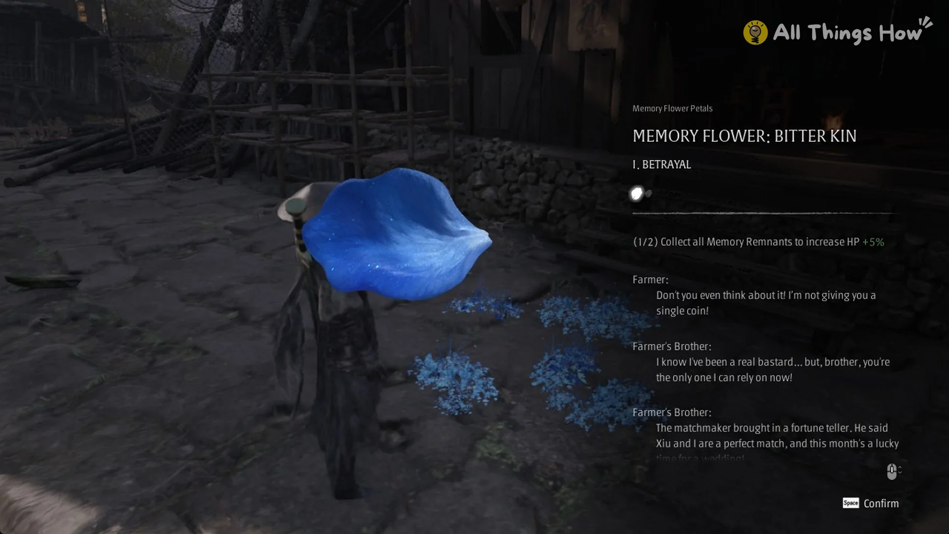 Memory Flower: Bitter Kin petal I. Betrayal with the farmer and his brother's lines on screen, Phantom Blade Zero