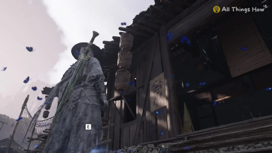 Soul standing at a memory flower prompt beside a wooden farmhouse in Pangzhen with blue petals in the air, Phantom Blade Zero