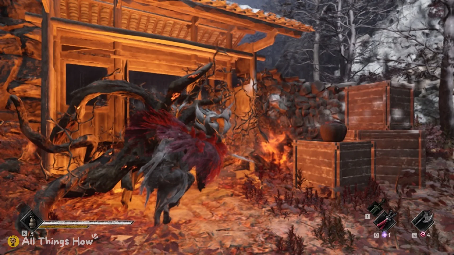 Soul breathing fire from the Flaming Mane lion head to burn the vine at the Red Serpent House, Phantom Blade Zero