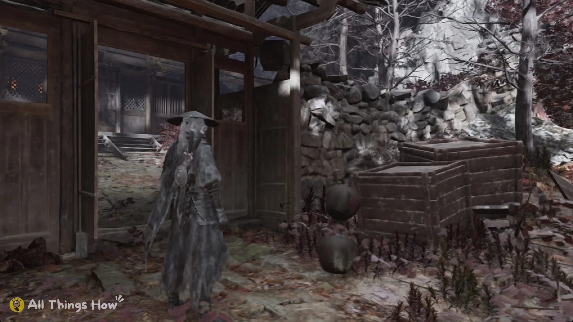 Soul at the open shed doorway after the thorny vine burned away at the Red Serpent House, Phantom Blade Zero
