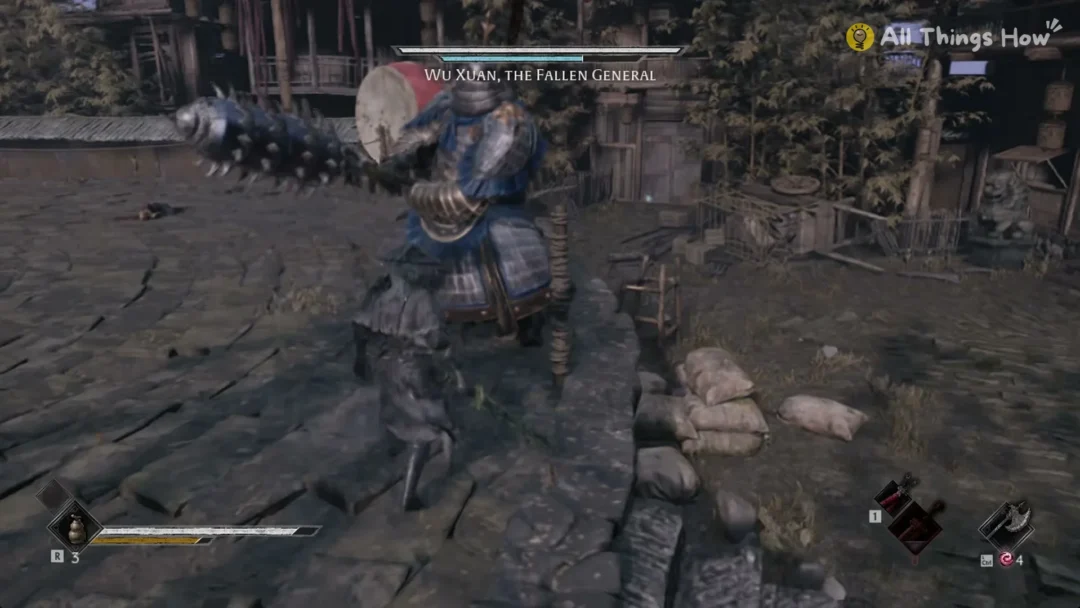 Wu Xuan, the Fallen General raising his spiked mace in the lantern courtyard, Phantom Blade Zero