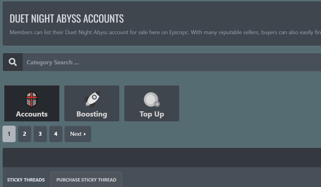 Duet Night Abyss account sales on EpicNPC — prices, items, and how listings work