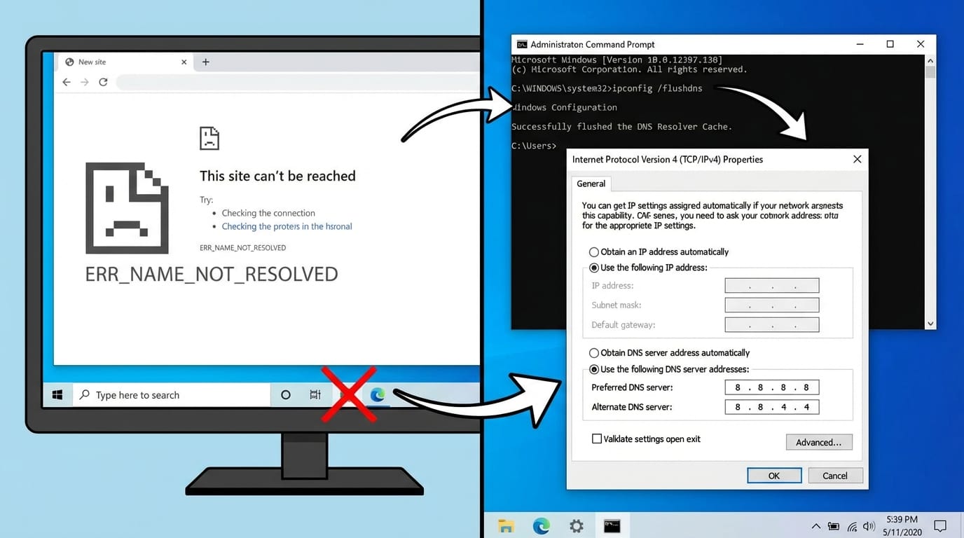 Fix ERR_NAME_NOT_RESOLVED on Windows by Replacing Broken DNS Settings